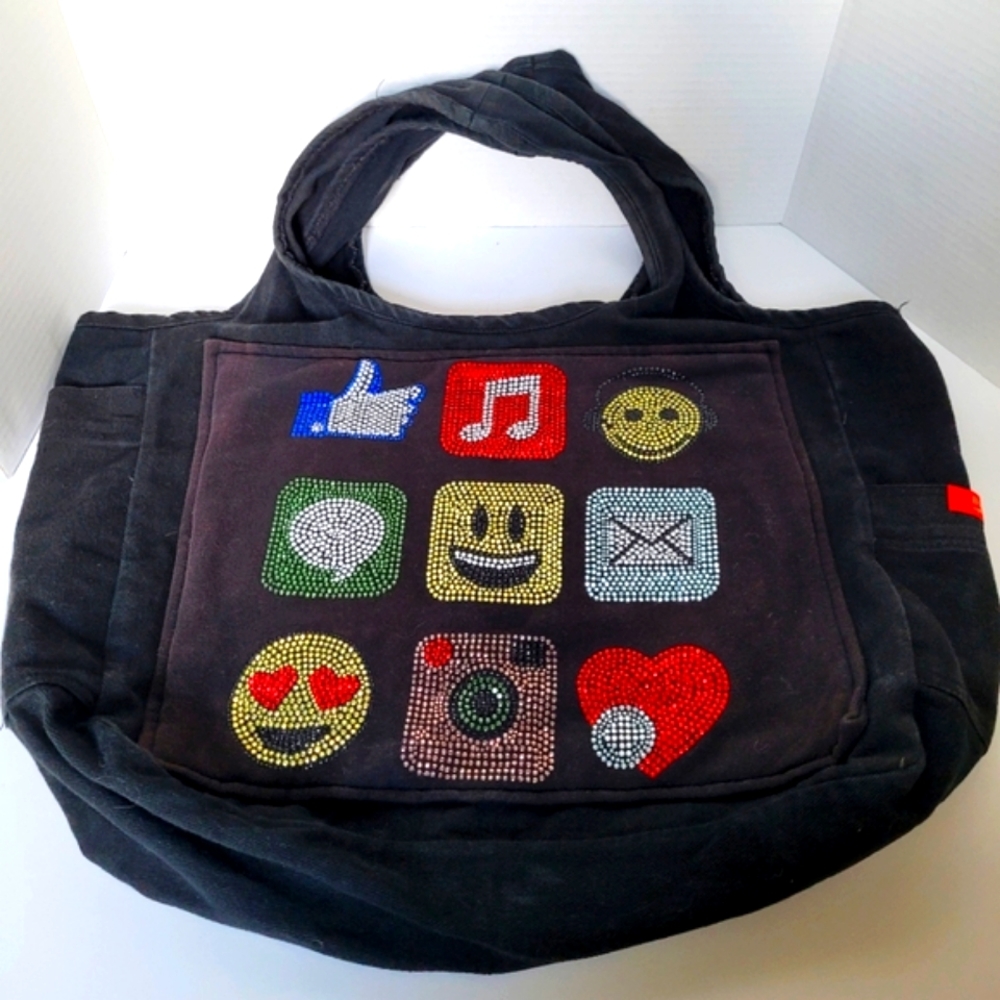 Emoji Crystals on Black Denim Tote Bag Book Bag by Butter Very Rare